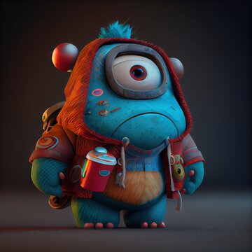  a cartoon character with a backpack and a drink in his hand. Generative AI