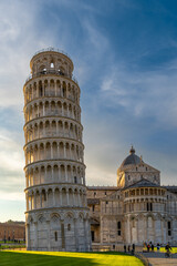 the Leaning Tower of Pisa and the Cathedral in warm evening light