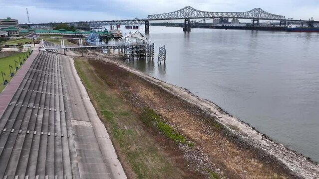 Talmadge Memorial Bridge in Baton Rouge Louisiana. Aerial of Mississippi River.