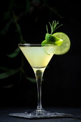 Gimlet alcoholic cocktail with dry gin, liqueur, lime juice and ice in glass garnished with lime zest. Black background