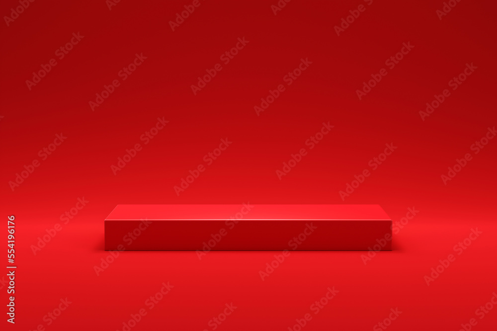 Poster Long red table podium 3d background stage with empty presentation show product scene studio pedestal display stand or blank rectangular advertising platform shelf and minimal floor showcase backdrop.