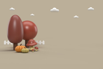 Minimal cartoon landscape background with tree, pumpkin, and mushroom in autumn for baby and kid. 3D rendering.