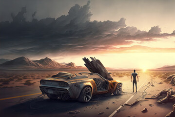 Person standing beside broken down car, all alone. 