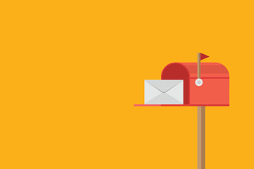 Red mailbox send letter. Mail delivery with envelope. Vector illustration