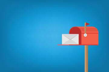 Red mailbox send letter. Mail delivery with envelope. Vector illustration
