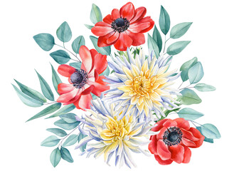 Watercolor illustrations of dahlia, anemone flowers, eucalyptus leaves. Floral painting. Beautiful flowers. 