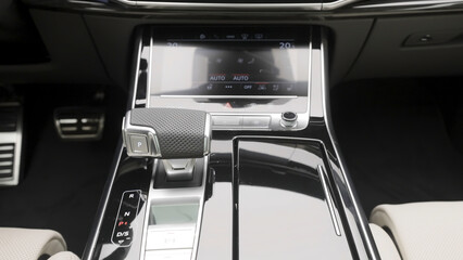 Close-up of modern interior design of car. Action. Salon of latest model of expensive car....