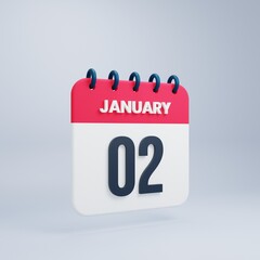 January Realistic Calendar Icon 3D Illustration Date January 02