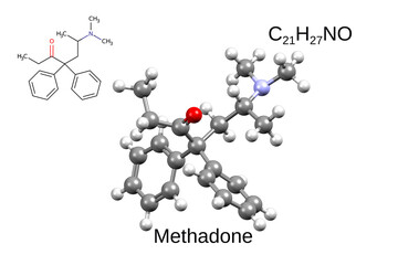 Chemical formula, skeletal formula and 3D ball-and-stick model of synthetic opioid agonist methadone