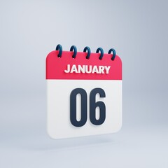 January Realistic Calendar Icon 3D Illustration Date January 06