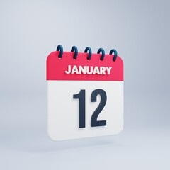 January Realistic Calendar Icon 3D Illustration Date January 12