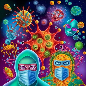 Microscopic photo of covid 19 pandemic viruses and people, Futuristic artistic illustration