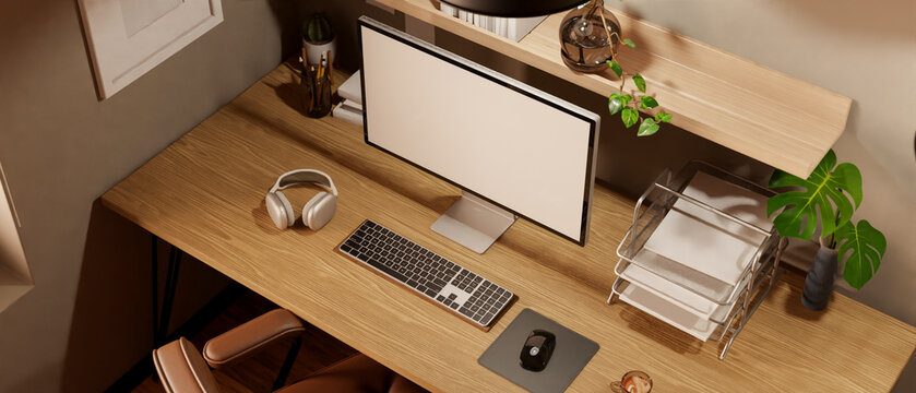 top view, Comfortable and minimal wood workstation with computer mockup and office supplies