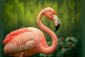 Beautiful pink flamingo on the green background - obrazy, fototapety, plakaty