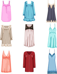 nightie sleepshirt women set cartoon. home girl, beauty pajama, young casual, silk adult, bedroom nightie sleepshirt women vector illustration