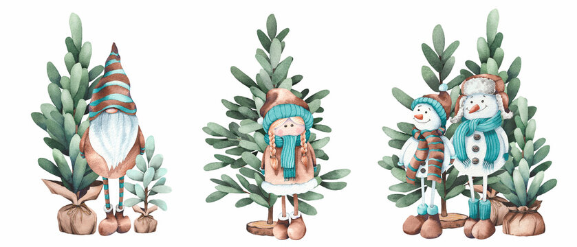 Watercolor Christmas cartoons and pine tree. Watercolor illustration isolated on white background.