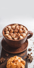 Hot chocolate drink with marshmallows in a cup and sweet bakery eclair dessert sprinkled with cocoa...