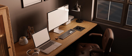 Top view, Modern comfortable home working space interior with laptop and computer mockup