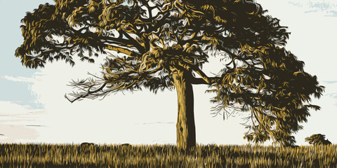 Oak tree logo illustration. Vector silhouette of a tree With Field View Landscaping Illustration