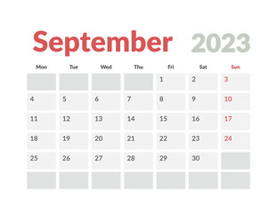 Monthly Calendar Template of september 2023. Vector layout simple calendar with week start monday.