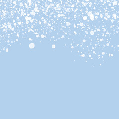 Bright Sky with White Snowflakes. Simple Vector Print with White Hand Drawn Spots and Splashes on a Light Blue Background ideal for Layout, Blank, Cover. No text. Irregular Splatters on a Pastel Blue.