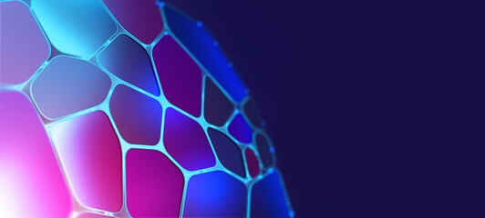 Cyberspace nanotechnology 3D illustration. Neon network of light cells - obrazy, fototapety, plakaty