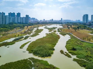 Foto op Plexiglas Aerial photography of a river swamp in a wetland park in a city © Steve