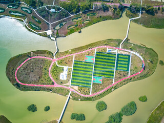 Aerial photography of the new football stadium located on the island in the middle of the lake
