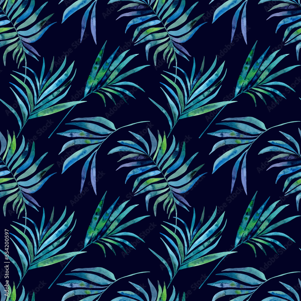 Wall mural watercolour blue green tropical palm leaves illustration seamless pattern. on dark background. hand-