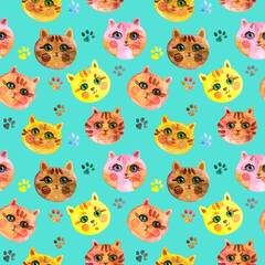Fototapeta premium Cute Cat muzzle. Watercolour hand drawn illustration. Cats on a light turquoise background. For fabric, sketchbook, wallpaper, wrapping paper.