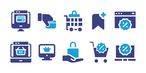 E-Commerce icon set. Duotone color. Vector illustration. Containing credit card, shopping cart, bookmark, web, online shop, shopping bag, laptop.