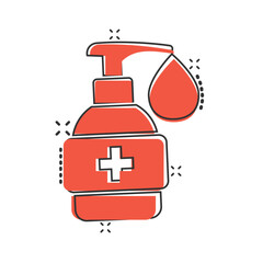 Hand sanitizer icon in comic style. Antiseptic bottle cartoon vector illustration on isolated background. Disinfect gel splash effect sign business concept.