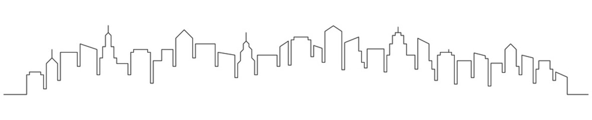 Continuous line city building. One single outline cityscape continuous construction. Editable stroke building background. Vector illustration. © Polina Tomtosova