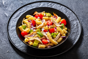 Chicken Pasta Salad with Avocado, Tomato in bowl