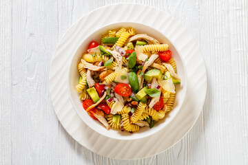 Chicken Pasta Salad with Avocado, Tomato in bowl
