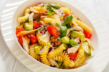 Chicken Pasta Salad with Avocado, Tomato in bowl