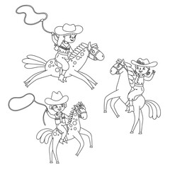 Cowboy and cowgirl on the horse. Vector cartoon outline children illustration. Coloring page for kids.