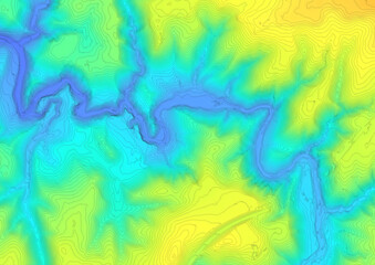 Fototapeta na wymiar Concept de fond - Hydrographie - Vue aérienne des méandres d'une rivière en territoire montagneux - Rendu 2d modèle numérique de terrain avec colorisation hypsométrique et courbes de niveau