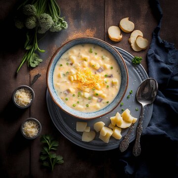 Creamy Potato Soup Top View. Vegetables And Potato.