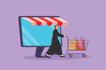 Character flat drawing Arabian woman coming out of monitor screen pushing shopping cart. Sale, digital lifestyle, consumerism concept. Online store app technology. Cartoon design vector illustration