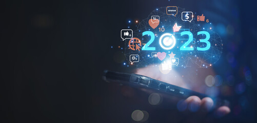 2023 business concept, business people set goals to create an online communication network, global Internet technology to develop a corporate information management system.
