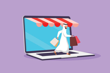 Graphic flat design drawing Arabian man coming out of laptop screen holding shopping bag. Sale, trading, digital lifestyle and consumerism. Online store technology. Cartoon style vector illustration