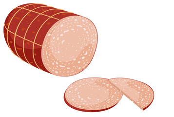 Mortadella salami cartoon. Meat sausage, bologna deli, pepperoni liver mortadella salami. Cooked and prepared meat product with slices. Vector illustration isolated on white background.