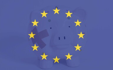Double exposure of European Union Flag and Piggy bank with sticking plasters, concept of financial crisis in Europe
