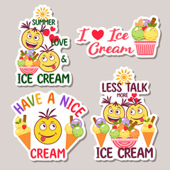 Set of funny romantic colorful stickers with ice cream sundae, crazy emoji love couple, text, hearts. Simple minimal style. For prints, clothing, t shirt design