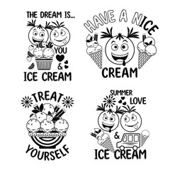 Set of funny romantic monochrome label with ice cream sundae, crazy emoji love couple, text, hearts. Simple minimal style. For prints, clothing, t shirt design