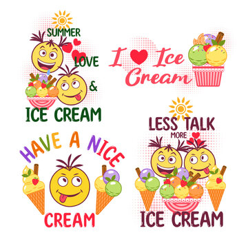 Set of funny romantic colorful label with ice cream sundae, crazy emoji love couple, text, halftone shapes, hearts. Simple minimal style. For prints, clothing, t shirt design