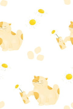 Cute Chubby Beige Cat Knocking Off A Vase Seamless Pattern On Transparent Background