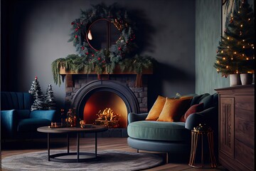Christmas eve cozy mood in classic decorated living room with fireplace, christmas tree, candles and gifts. Family waiting for rest. December holidays, winter, warm indoor illustration, 3d render.