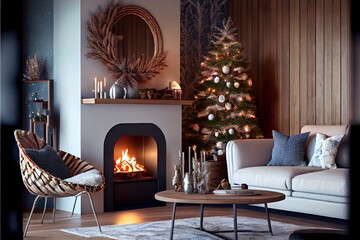 Fototapeta premium Christmas eve cozy mood in classic decorated living room with fireplace, christmas tree, candles and gifts. Family waiting for rest. December holidays, winter, warm indoor illustration, 3d render.
